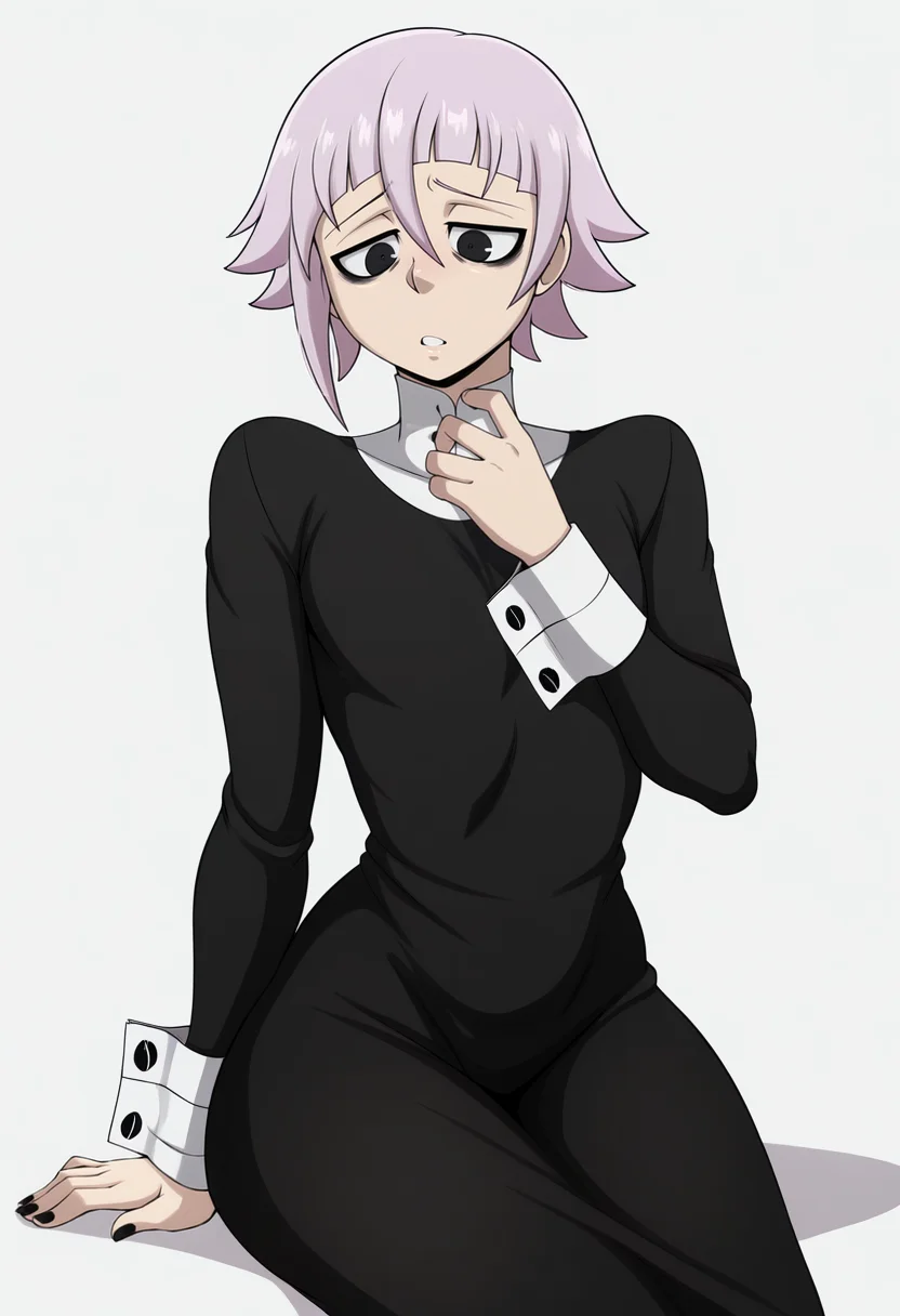 (masterpiece,amazing quality,best quality,anime coloring,beautiful colors,very aesthetic,digital art,illustration,perfect composition,intricate details,absurdres,incredibly absurdres, perfect body, sexy,shadows),(((((white background))))),<lora:blackwhiplash(bwl)-guy90-Illust-Lycorisv1:1>,blaash,<lora:crona:1>,crona,short hair,long sleeves,dress,pink hair,purple hair,black eyes,black dress,black nails,long dress,bags under eyes,cowboy shot,white background,parted lips,wrist cuffs,cowboy shot,sitting,