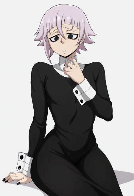 (masterpiece,amazing quality,best quality,anime coloring,beautiful colors,very aesthetic,digital art,illustration,perfect composition,intricate details,absurdres,incredibly absurdres, perfect body, sexy,shadows),(((((white background))))),<lora:blackwhiplash(bwl)-guy90-Illust-Lycorisv1:1>,blaash,<lora:crona:1>,crona,short hair,long sleeves,dress,pink hair,purple hair,black eyes,black dress,black nails,long dress,bags under eyes,cowboy shot,white background,parted lips,wrist cuffs,cowboy shot,sitting,