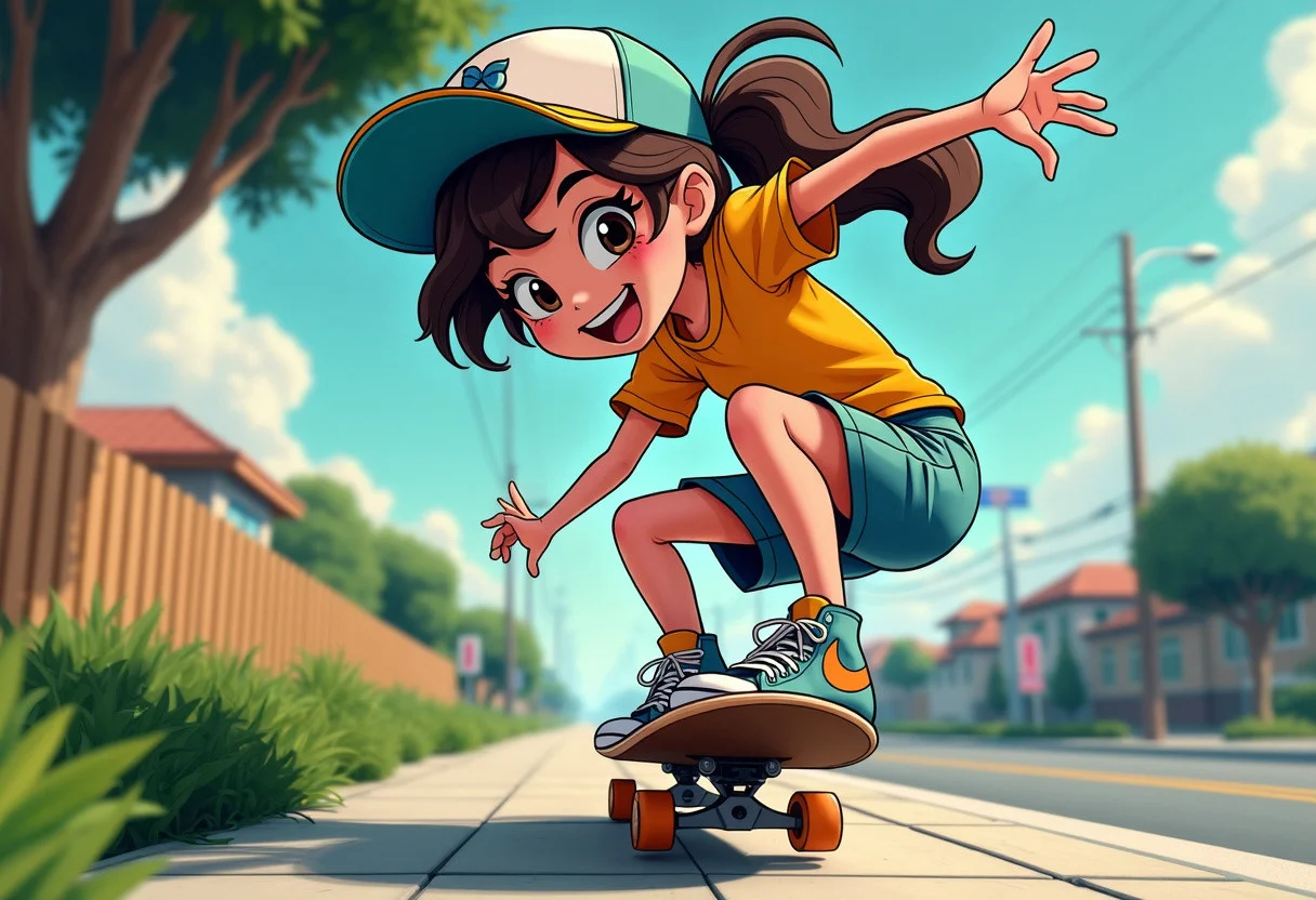 cartoon style teenage girl in skateboard outfit jumping from roadway to sidewalk, mid-air, knees bent as skateboard spins underneath, wearing baseball cap with visor backwards