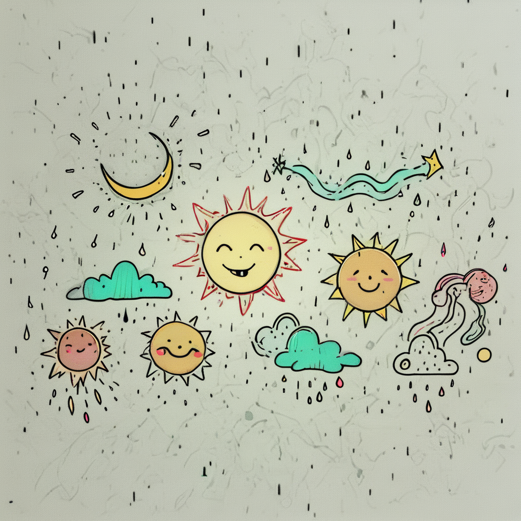 Cute doodle-style weather icons, smiling sun, grumpy rain cloud, sleepy moon, wiggly lightning bolt, basic shapes, thick outlines, vibrant colors, white background ArsWorld, Doodle, <lora:ArsMorph_-_World_of_Doodle:1>