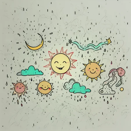 Cute doodle-style weather icons, smiling sun, grumpy rain cloud, sleepy moon, wiggly lightning bolt, basic shapes, thick outlines, vibrant colors, white background ArsWorld, Doodle, <lora:ArsMorph_-_World_of_Doodle:1>