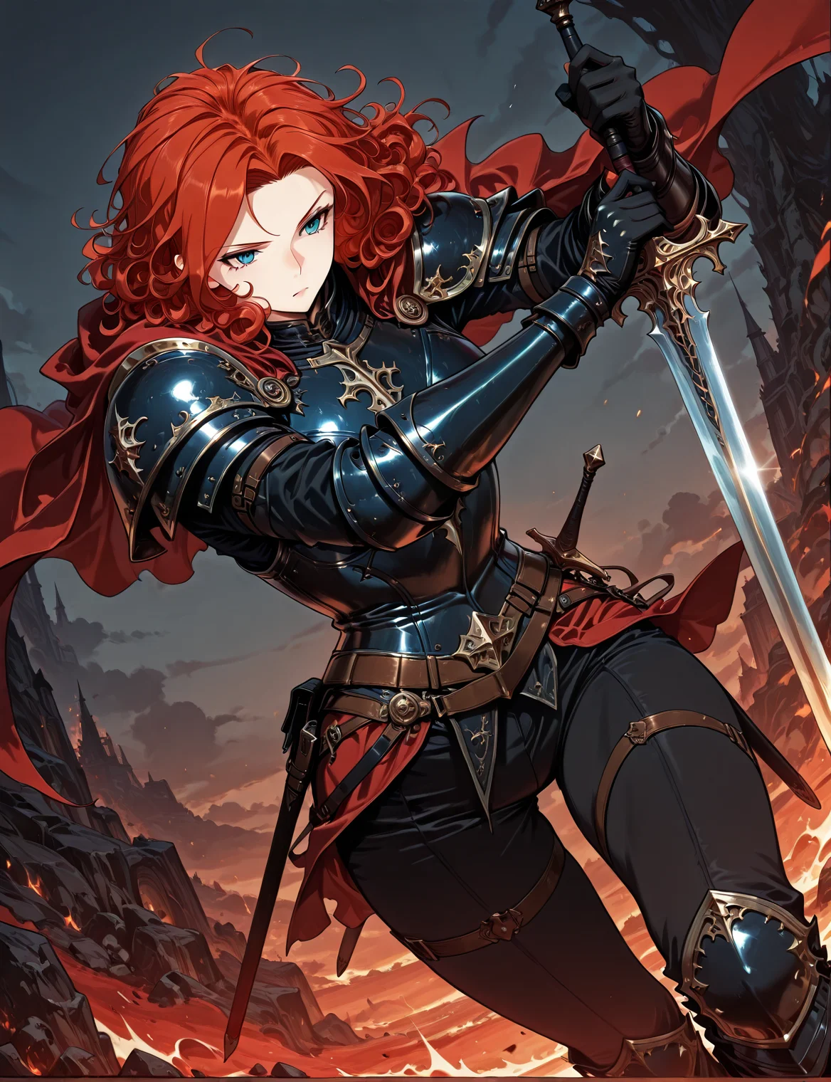 <lora:Alicia_Termina_Magentano__The_Greatest_Estate_Designer:1>
1 girl, solo, red hair, blue eyes, medium hair, curly hair
armor, red cape, black shoulder armor, black pauldrons, black gauntlets, black breastplate, sheath, sword
masterpiece, best quality,high quality, newest, highres,8K,HDR,absurdres, dynamic pose, dynamic composition,dutch angle, depth of field,dark_theme,detailed backgroud,foreshortening <lora:iLLMythG0thicL1nes:1>