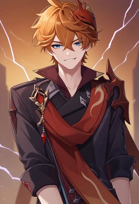 score_9, score_7_up, source_anime,
tartaglia, 1boy, male focus, solo, blue eyes, orange hair, short hair, hair between eyes, bangs, mask, mask on head, scarf, red scarf, jacket, black jacket, sleeves rolled up, shoulder armor, jewelry, single earring, smirk,
outdoor, electricity,