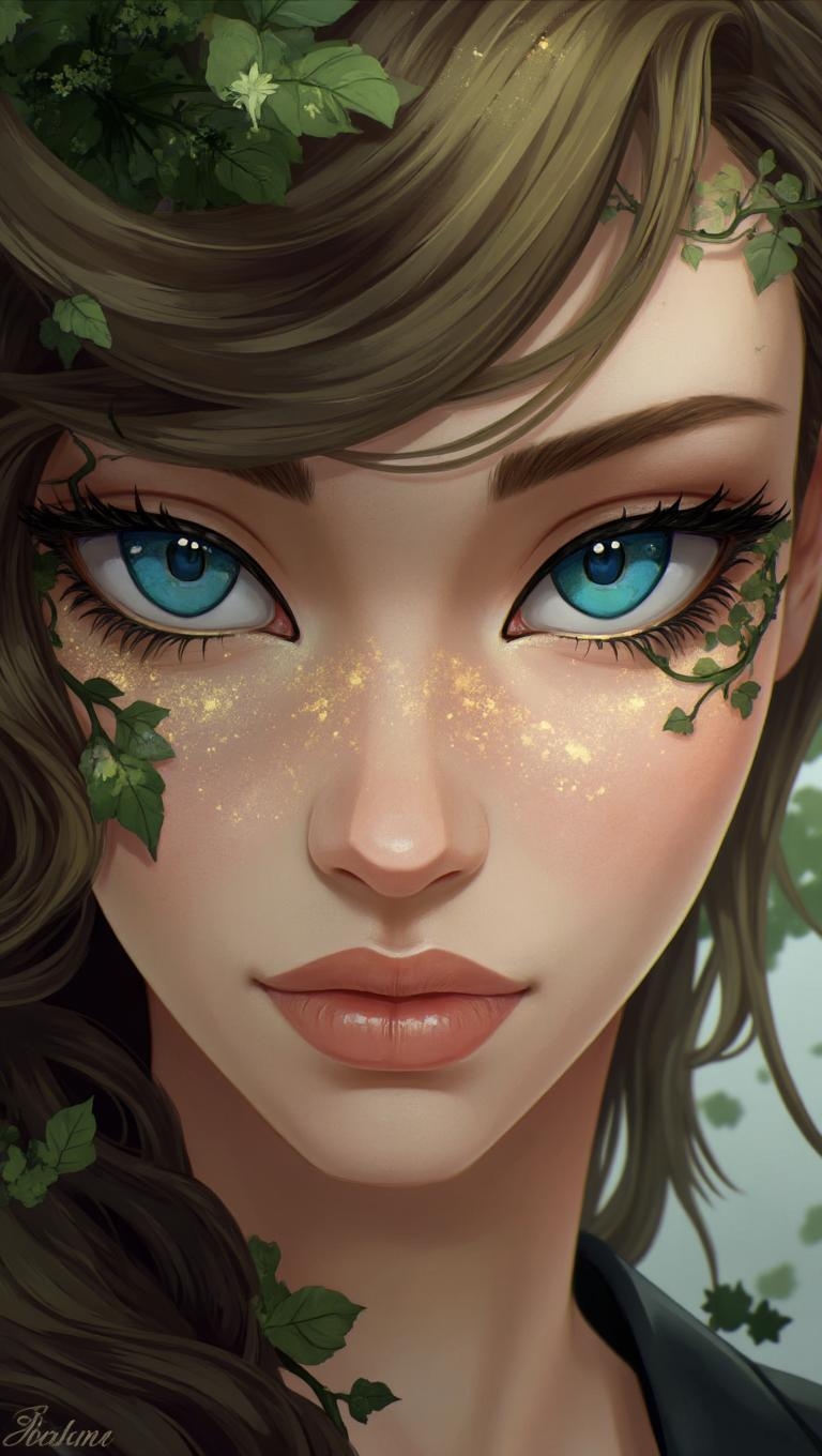 <lora:ck-LttleGhost-000011.safetensors:1> in the style of ck-lttlegh0stA woman's face fills the frame, her intense blue eyes captivating due to subtle hints of golden sparkles. Delicate leaves and vines blend into her eyelashes as part of nature-inspired makeup, creating a mesmerizing effect. The overall look is an artistic blend of natural beauty and meticulous design.