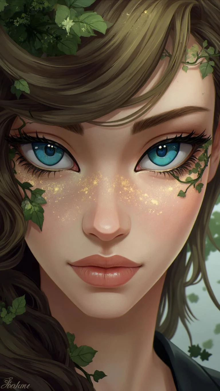 <lora:ck-LttleGhost-000011.safetensors:1> in the style of ck-lttlegh0stA woman's face fills the frame, her intense blue eyes captivating due to subtle hints of golden sparkles. Delicate leaves and vines blend into her eyelashes as part of nature-inspired makeup, creating a mesmerizing effect. The overall look is an artistic blend of natural beauty and meticulous design.