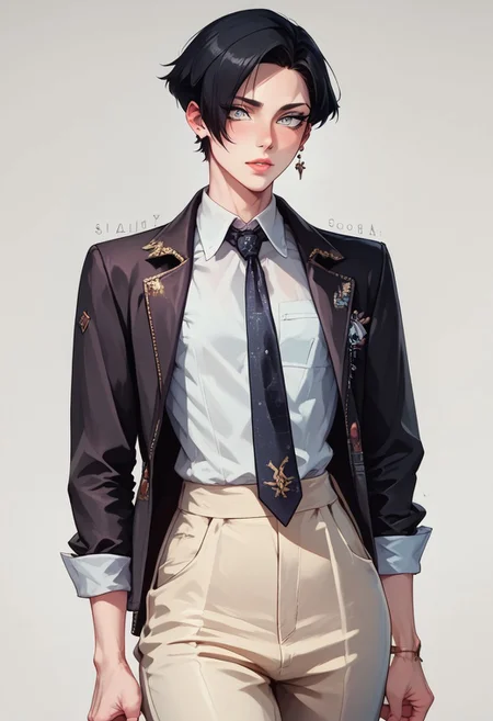 score_9, score_8_up, score_7_up, 1boy, femboy, otoko no ko, short hair, bob cut hair, black hair, grey eyes, gray eyes, feminine face, toned body, Shelly, 1930s fashion style, vintage, collared shirt, suit jacket, tie, pants, highly detailed, intricate, zzCitronCAT, pose, modelshoot