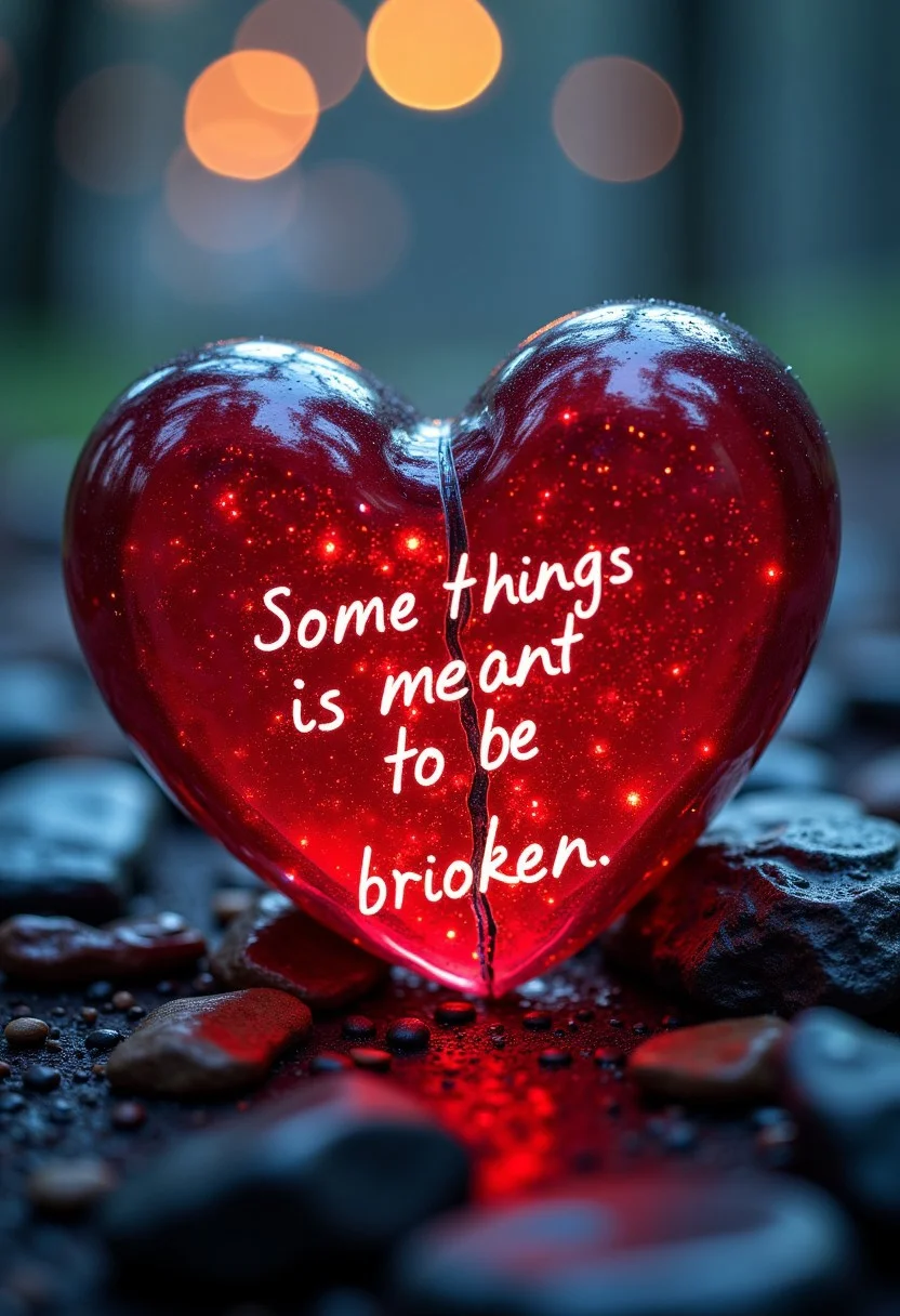 A broken glass heart, the words “Some things are meant to be broken” at the top of the screen, aidmaTextImprover,