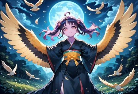 best resolution,score_9,score_8_up,score_7_up,score_6_up,score_8,score_7,score_6,best quality,masterpiece,source_anime,1girl,solo,kawaii,cute,winged_arms,A majestic harpy with dark feathers and glowing red eyes,wearing black japanese kimono,flying soaring through a stormy night sky.moonlight, starlight, firelight,wise,moonlit night sky,wind,cowboy shot,focus on face,dynamic shot, Expressiveh,eyesHD,high gradient eyes,detailed eyes,high definition eyes, <lora:Eyes_High_Definition:0.25> <lora:Expressive_H:0.75> <lora:winged_arm_style:0.85>