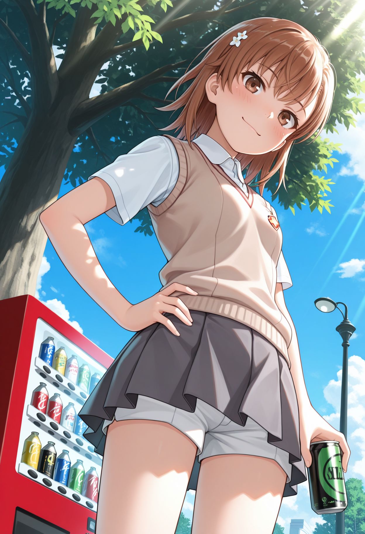 masterpiece,amazing quality,best quality,ultra-detailed,
 <lora:Misaka Mikoto :1> 1girl, tokiwadai school uniform, summer uniform, vending machine, shorts under skirt, brown hair, brown sweater vest, brown eyes, outdoors, tree, white shirt, closed mouth, grey skirt, pleated skirt, hand on own hip, smile, school emblem, short sleeves, medium hair, looking at viewer, holding can, day, blue sky, white shorts, cloud, , collared shirt, sunlight, short shorts, cowboy shot, holding bottle, dress shirt, lamppost, standing, from below, blush,