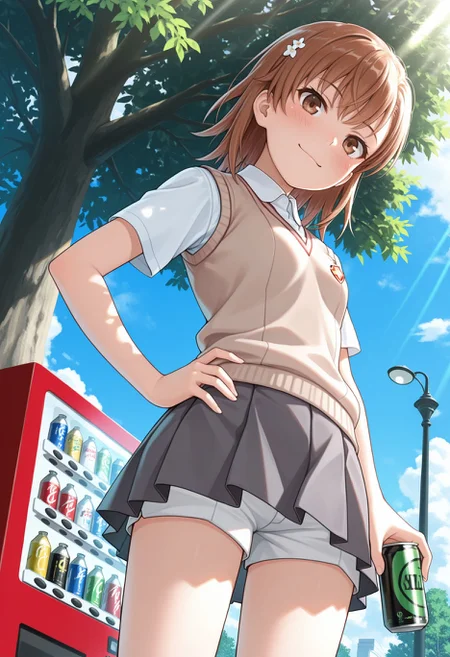 masterpiece,amazing quality,best quality,ultra-detailed,
<lora:Misaka Mikoto :1> 1girl, tokiwadai school uniform, summer uniform, vending machine, shorts under skirt, brown hair, brown sweater vest, brown eyes, outdoors, tree, white shirt, closed mouth, grey skirt, pleated skirt, hand on own hip, smile, school emblem, short sleeves, medium hair, looking at viewer, holding can, day, blue sky, white shorts, cloud, , collared shirt, sunlight, short shorts, cowboy shot, holding bottle, dress shirt, lamppost, standing, from below, blush,
