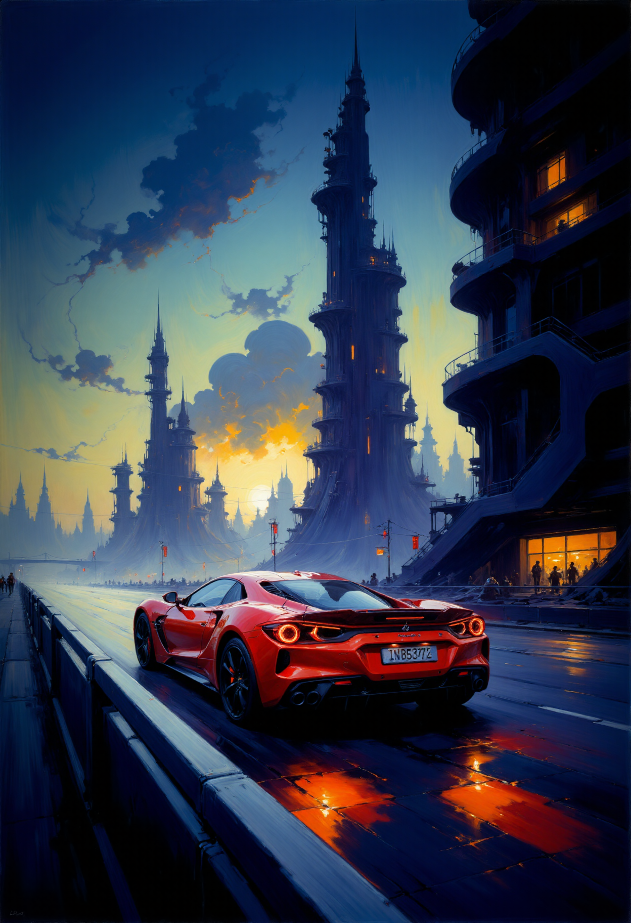 A beautiful expressive painting.
This is a high-quality CGI image showcasing a futuristic, neon-lit cityscape with a sleek, red sports car driving on an elevated highway. The city features tall, intricate buildings with glowing lights and a blend of organic and geometric designs, reminiscent of cyberpunk aesthetics. The sky is dark, adding to the dramatic lighting. The camera angle is slightly elevated, capturing the car in motion with a shallow depth of field that blurs the background, focusing on the car and the immediate surroundings. The overall aesthetic quality is very high, with detailed textures and vibrant, warm lighting creating an immersive, visually stunning scene.
<lora:articp01_epoch_13:1>
