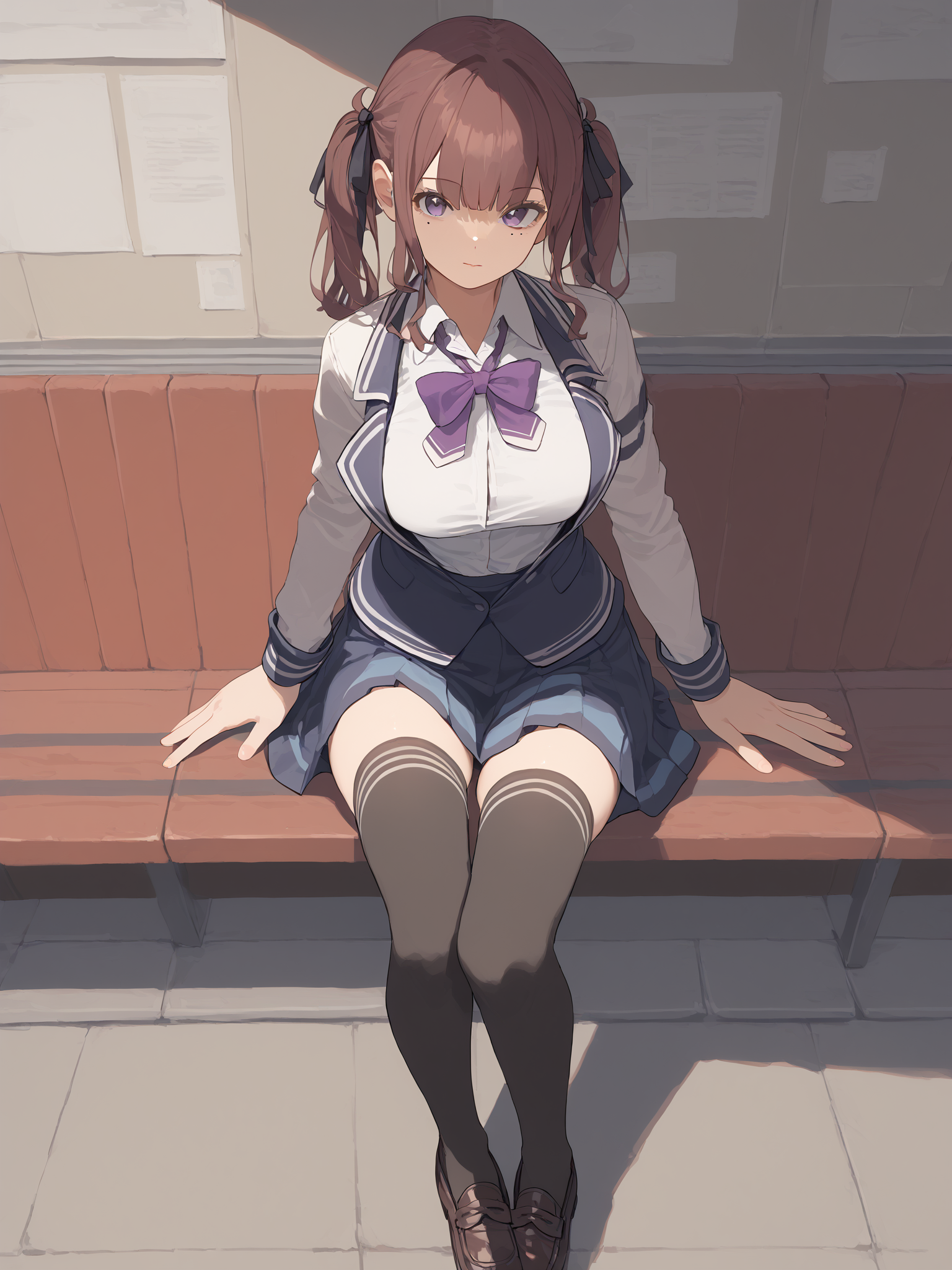score_9,1girl,solo,thighhighs,twintails,black thighhighs,white shirt,shoes,loafers,bowtie,collared shirt,brown hair,hair ribbon,blue skirt,purple bowtie,hair ribbon,black ribbon,medium hair,mole,mole under eye,medium hair,<lora:xshl:1>,blazer,large breasts,sitting,looking at viewer,