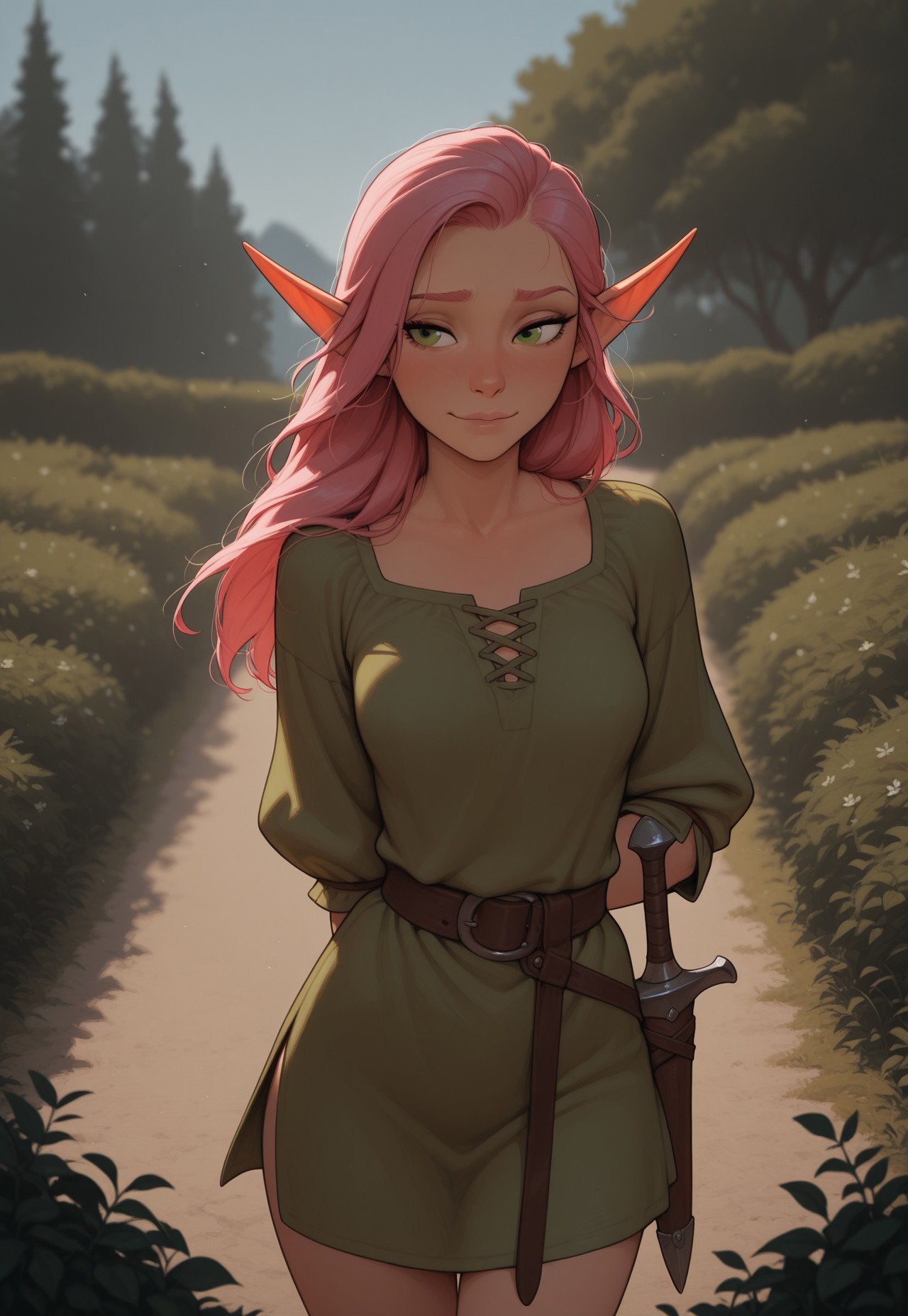 masterpiece, best quality, amazing quality, very aesthetic, DISNEY_ANIMATION, incoth, (incase:0.6), female, solo, (depth of field), medieval setting, outdoors, garden, day time

elf, pink hair, green eyes, cute face, slender, small breasts, long hair swept to one side, short elf ears, short ears,

simple tunic, dagger,

combat training, dynamic pose,