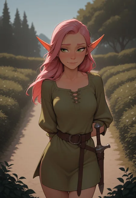 masterpiece, best quality, amazing quality, very aesthetic, DISNEY_ANIMATION, incoth, (incase:0.6), female, solo, (depth of field), medieval setting, outdoors, garden, day time

elf, pink hair, green eyes, cute face, slender, small breasts, long hair swept to one side, short elf ears, short ears,

simple tunic, dagger,

combat training, dynamic pose,