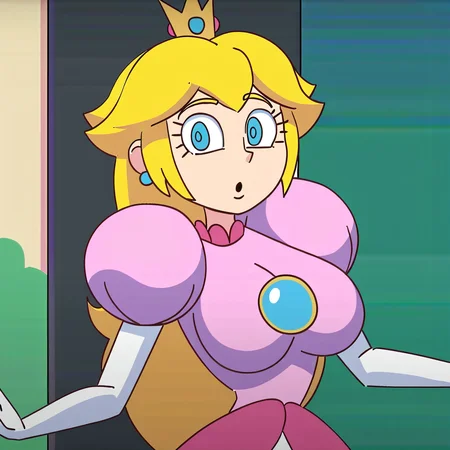 1girl, blonde hair, long hair, crown, blue eyes, large breasts, narrow waist, wide hips, looking at viewer, highres, high quality, masterpiece, <lora:Princess_Peach_Star_Bomb_version:1>