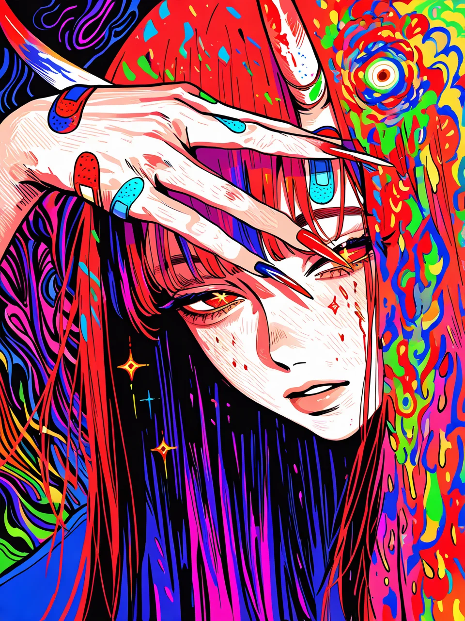 perfect composition, very awa, jaggy lines, limited palette, spot color, colorful, acid_trip, abstract background, limited palette, traditional media, dutch angle, foreshortening, face focus, oil painting \(medium\),
1girl, upper body, solo, multicolored hair, straight hair, red eyes, half-closed eyes, + +, parted lips, long nails, hair ornament, oni horns, hand over eye, bandaid on hand, <lora:vivid:0.6>