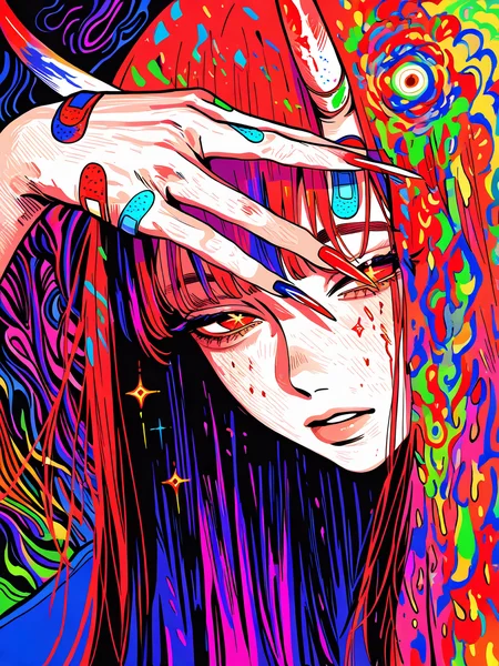perfect composition, very awa, jaggy lines, limited palette, spot color, colorful, acid_trip, abstract background, limited palette, traditional media, dutch angle, foreshortening, face focus, oil painting \(medium\),
1girl, upper body, solo, multicolored hair, straight hair, red eyes, half-closed eyes, + +, parted lips, long nails, hair ornament, oni horns, hand over eye, bandaid on hand, <lora:vivid:0.6>