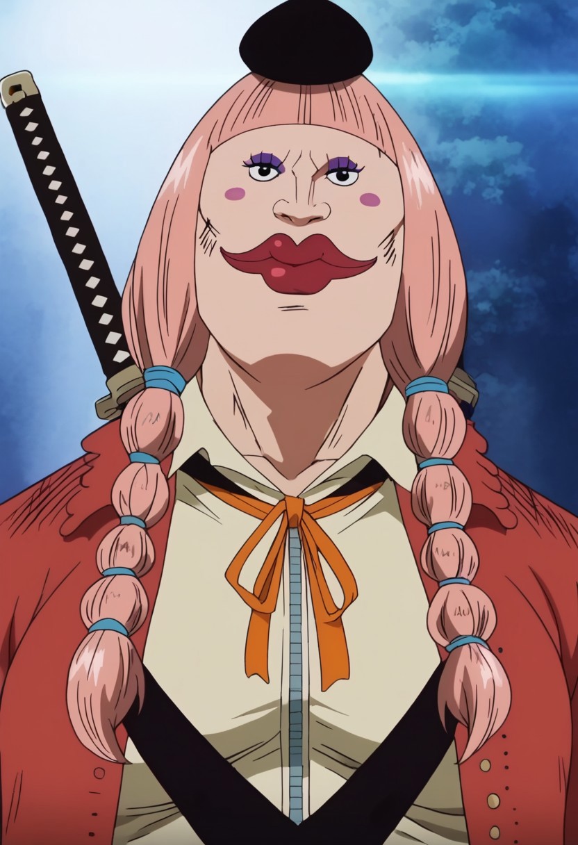 CharlotteLolaOP, 1girl, solo, chubby, long hair, pink hair, bangs, black hat, two pigtails, braids, black eyes, nose, shiny red lips, blush stickers, large head, teeth, one missing tooth, makeup, large breast, large belly, red coat, light green clothes, collar, neck ribbon, shoes, bandages, weapon, katana, weapon on back,
seductive pose, sexy pose, tease,  in the spotlight,,
smile,   jojo reference, 
score_9, score_8_up, score_7_up, beautiful aesthetic, very intricate, high quality details,vibrant, highly detailed, award-winning, professional,anime artwork, anime style, studio anime, athletic, curvy body, athletic girl, perky tits,large breast,perfect tits, round breasts, nipple outline,looking at viewer, pinup pose,teasing, dynamic lighting, cinematic, smug, better than you, aura of temptation, highly detailed, high resolution, masterpiece, detailed clothes, detailed background, highly detailed, ((sound effects)) comic layout,