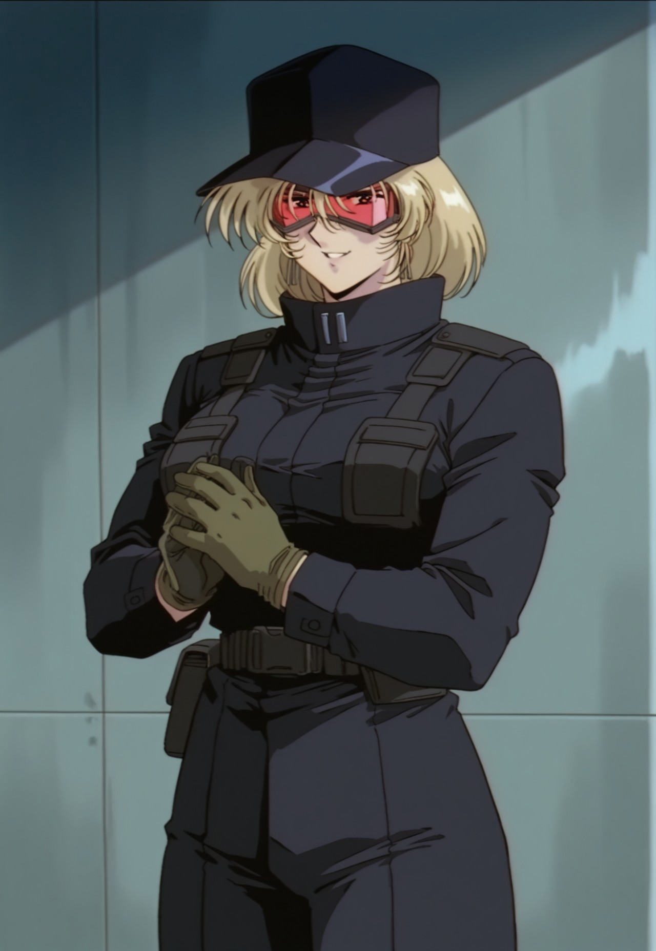 masterpiece, best quality, retro anime, cowboy shot, 1girl, solo, spyvanessa, blonde hair, military uniform, hat, goggles, gloves,