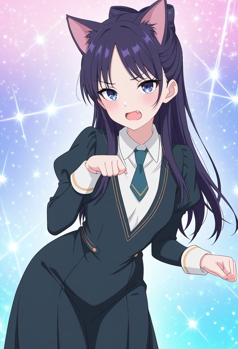 (absurdres, best quality, masterpiece:1.4), amazing quality, highres, newest, detailed, detailed body, detailed face, source anime, anime coloring, beautiful, petite, sparkles background, kemonomimi mode, 
BREAK
WWNemu, 1girl, solo, meowing, nyan, NemuAniHu, dark purple hair, cat ears, parted bangs, half updo, blue eyes, v-neck dress, white inner collared shirt, Short necktie, juliet sleeves, long skirt, paw pose, fang, cute