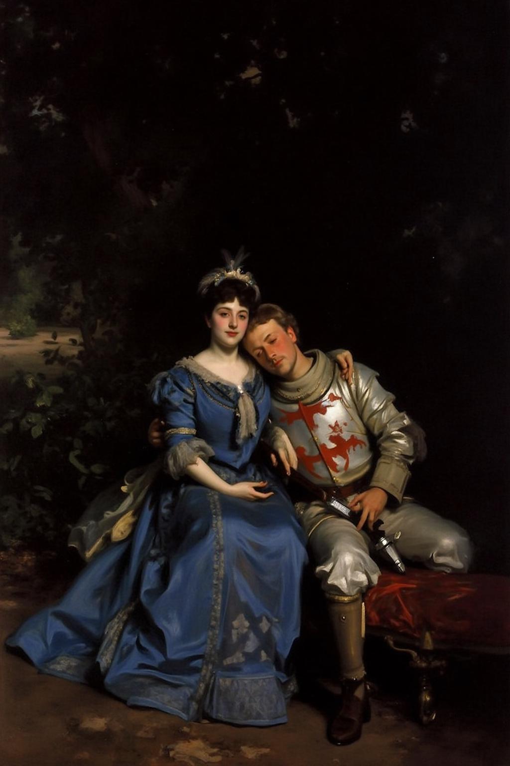 johnss1 painting.
A blonde knight and a lady sitting under a tree. The lady has dark hair and is wearing a blue dress. The knight is sleeping with his head on the leg of the lady  <lora:johnss2_cap_d6a3:1.0><lora:829176190196740723:0>