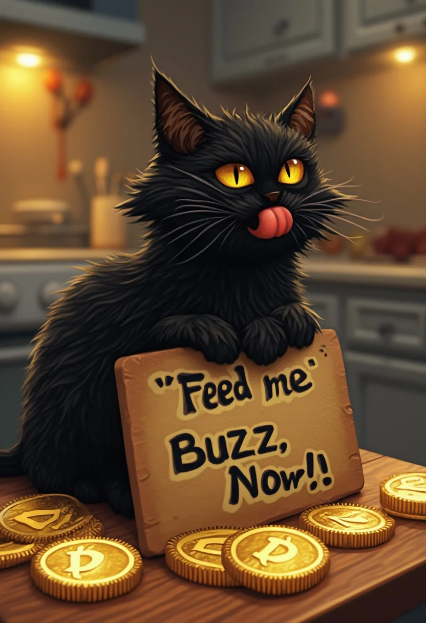 black flux cat sitting on a kitchen table licking its chops with shiny gold coins lying around that have a lightning symbol, a paw lays on top of a sign next to the cat which says "Feed me Buzz, Now!"