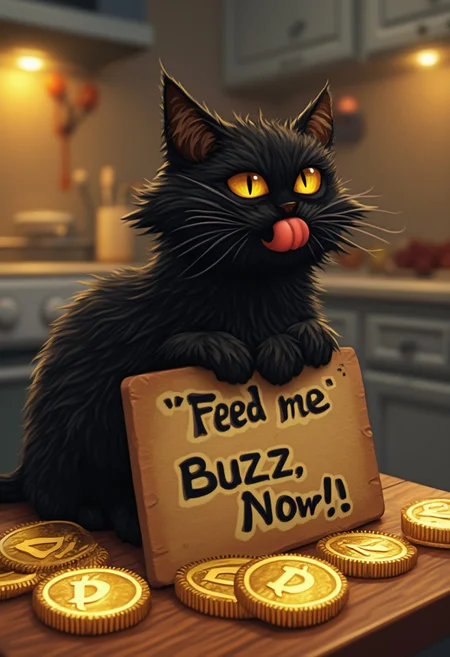 black flux cat sitting on a kitchen table licking its chops with shiny gold coins lying around that have a lightning symbol, a paw lays on top of a sign next to the cat which says "Feed me Buzz, Now!"