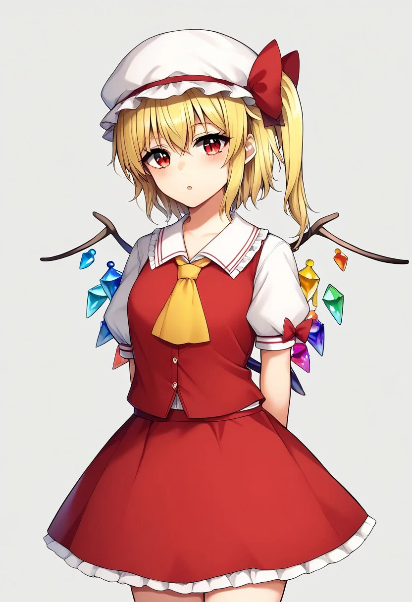 Score_9, score_8_up, score_7_up, score_6_up, score_5_up, source_anime, 1girl, solo, female focus, looking at viewer, upper body, (cowboy shot, white backdrop), arm behind back, BREAK, <lora:Inoue_Nanaki_Style:1>, BREAK, <lora:flan_nrm_v2_pony:1> flanN, flandre scarlet, blonde hair, side ponytail, red eyes, hair bow, red bow, hair between eyes, slit pupils, white headwear,wings, crystal, crystal wings,white puffy sleeves,white sleeves, short sleeves, red vest, yellow ascot, red skirt, frilled skirt, red miniskirt, frills,