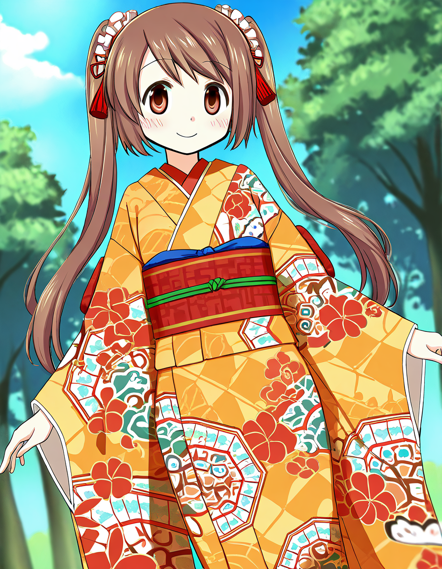 masterpiece, best quality, newest, absurdres, highres, safe, 1girl, yui tsuruno \(haregi costume\), magia record: mahou shoujo madoka magica gaiden, twintails, smile, solo, day, outdoors, dutch angle, <lora:yui_tsuruno_noobaiXLNAIXL_vPred10Version:0.7>