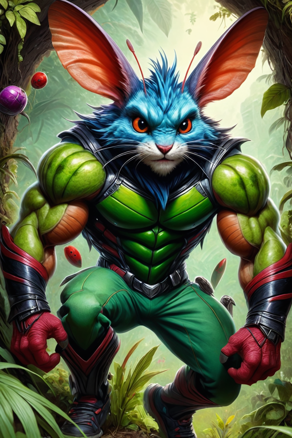 ultra-fine digital painting of a madpunk muscular  <lora:anthro_muscular:0.7> anthro Cricket (Peeking through foliage, mysterious allure) at Hollow asteroid colony housing hidden society,  super detail, ultra-realism, <lora:xl_more_art-full_v1:0.3>,  <lora:madpunk:0.6>  ,  <lora:EnvyFeverDreamXL01a:0.7>