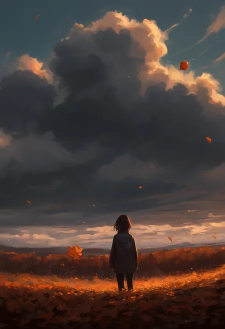 score_9, score_8_up, score_7_up, 1girl, dark hair, looking away, jacket, medium shot, outdoors, wind, autumn,  clouds, <lora:ra1ncloudstyle:1>