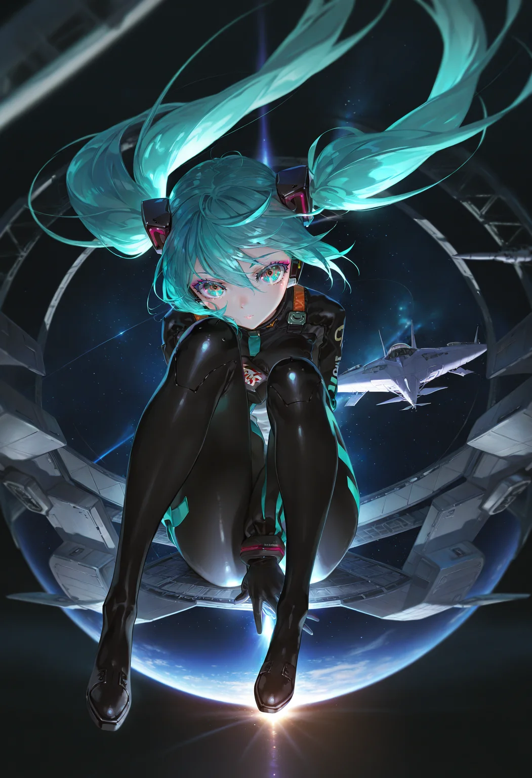by [lack|fuzichoco|lam|kinta \(distortion\)|wlop|quasarcake|nixeu|happoubi jin|yoneyama mai],
1girl, hatsune miku, racing miku, solo, plugsuit, full body, knees up, hand between legs,
close-up, face focus, floating hair, looking at viewer, colored eyelashes, long eyelashes, jirai kei, makeup, aqua eyes, red eyes, multicolored eyes, multicolored hair,
space station, star \(sky\), circle formation, single vertical stripe, spacecraft, black theme,
masterpiece, best quality, very aesthetic, absurdres
<lora:illustrious_very_aesthetic_v1:1>