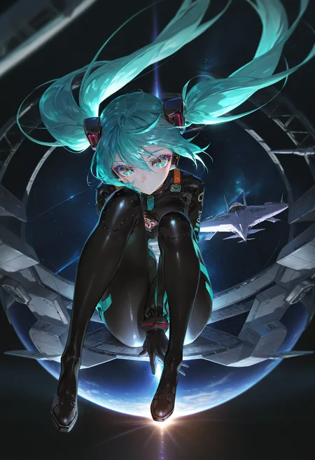 by [lack|fuzichoco|lam|kinta \(distortion\)|wlop|quasarcake|nixeu|happoubi jin|yoneyama mai],
1girl, hatsune miku, racing miku, solo, plugsuit, full body, knees up, hand between legs,
close-up, face focus, floating hair, looking at viewer, colored eyelashes, long eyelashes, jirai kei, makeup, aqua eyes, red eyes, multicolored eyes, multicolored hair,
space station, star \(sky\), circle formation, single vertical stripe, spacecraft, black theme,
masterpiece, best quality, very aesthetic, absurdres
<lora:illustrious_very_aesthetic_v1:1>