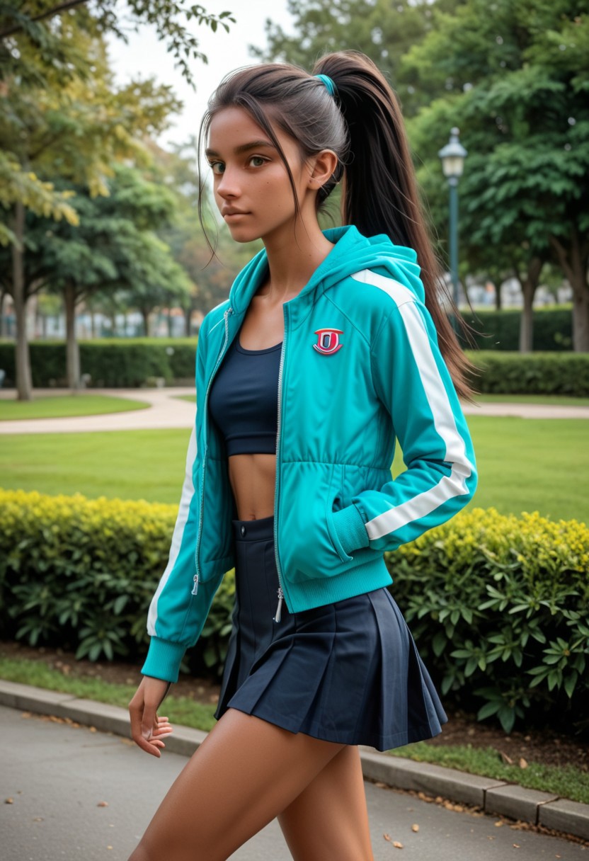 1girl, Masterpiece, 8k, ultra high detail, score_9, score_8_up, score_8,  medium breast size, sporty long deepblack ponytail hair, fcNeg, stunning green eyes, native american skin, tan skin, small nose, innocent beauty, slim face,  cute face, athletic body, perfect body, extreme detailed body, perfect face, ultra high detailed face, perfect eyes, 
Sideview, 
Joggingclothes, softshell jacket, 
Jogging in park, sporty skirt,