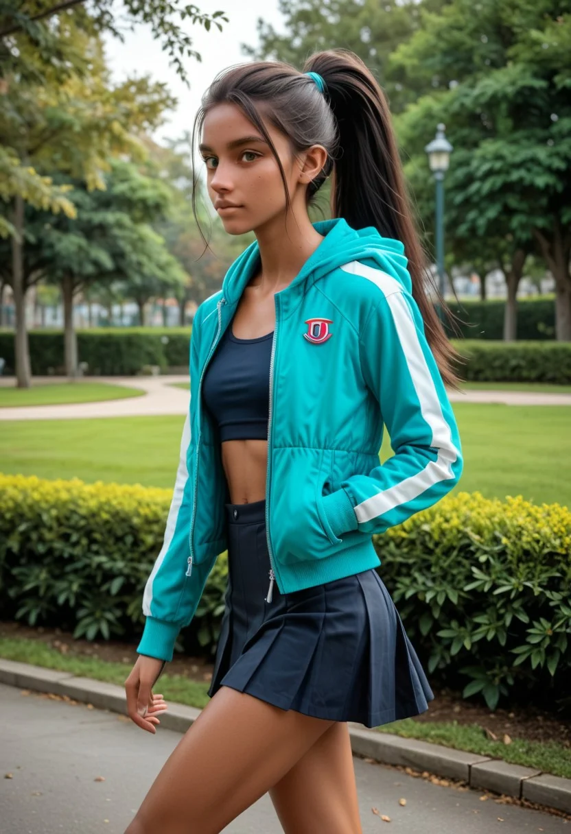 1girl, Masterpiece, 8k, ultra high detail, score_9, score_8_up, score_8,  medium breast size, sporty long deepblack ponytail hair, fcNeg, stunning green eyes, native american skin, tan skin, small nose, innocent beauty, slim face,  cute face, athletic body, perfect body, extreme detailed body, perfect face, ultra high detailed face, perfect eyes, 
Sideview, 
Joggingclothes, softshell jacket, 
Jogging in park, sporty skirt,