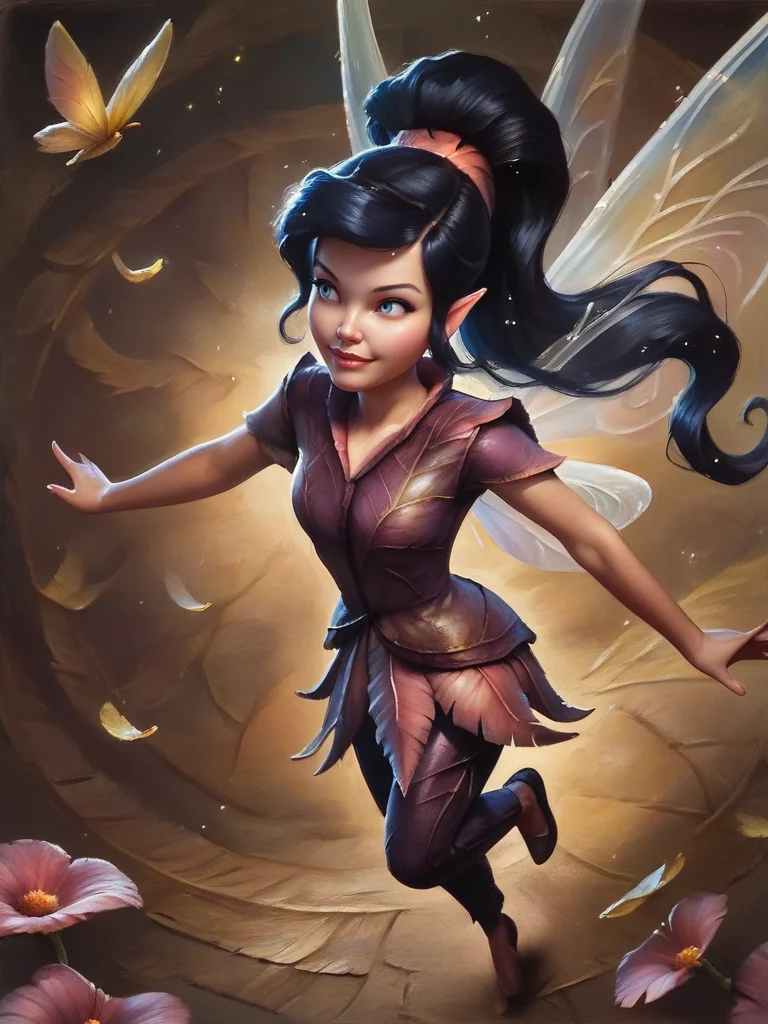 score_9, score_8_up, score_7_up, 1girl, dynamic pose, full body, looking at away, detailed background, magic particles around, flying around gigant leafs, light smile, vegetation, dutch angle, from above,
<lora:AVidia_character:0.8>, VidiaXLP, black hair, long hair, ponytail, blue eyes, fairy wings, fairy, pointy ears, purple dress, short sleeves, pants, cartoon, <lora:Eldritch Oil Style LoRA_Pony XL v6:0.7> oil painting, traditional media, realistic,,