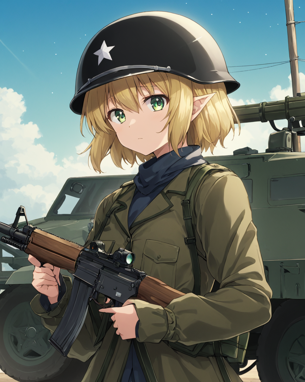 mizuhashi parsee,1girl, military, helmet, solo, holding_gun, military_uniform, motor_vehicle, looking_to_the_side, rifle, closed_mouth, ground_vehicle, outdoors, long_sleeves, military_vehicle, utility_pole
<lora:mizuhashi_parsee_image5693_2023-12-17-000005:1>,star-shaped_pupils,symbol-shaped_pupils,. gorgeous,key visual, vibrant, studio anime,award-winning, professional, highly detailed,high budget, cinemascope