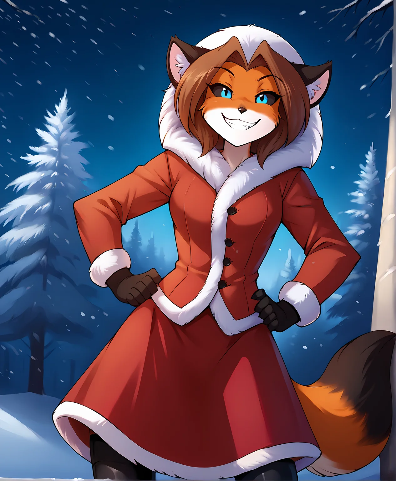 score_9, score_8_up, score_7_up, score_6_up, score_5_up, score_4_up, rating_safe, source_furry, detailed background, snowy winter in background, (late night:1.1), 1girl,female anthro fox standing, leaning forward, low-angle view, (solo:1.1), half-length portrait,
BREAK
female, furry, anthro,(fox:1.1), fox tail, (cute expression, cute face:1.1), (fox snout:1.1), smiling at viewer, hands on hips, smug grin, breasts,, blue eyes, <lora:Laura-Twokinds-SDXL-AnonTK-V1:0.9> , laura-twokinds, brown hair, black sclera,
BREAK
(red jacket, fur trim,fur-trimmed jacket:1.1), hood, , boots, (black stockings:1.1), red skirt <lora:Alice_SDXL:0.8>
BREAK
<lora:PDXL_artist_tags_v2:1> (by iskra:1.1),