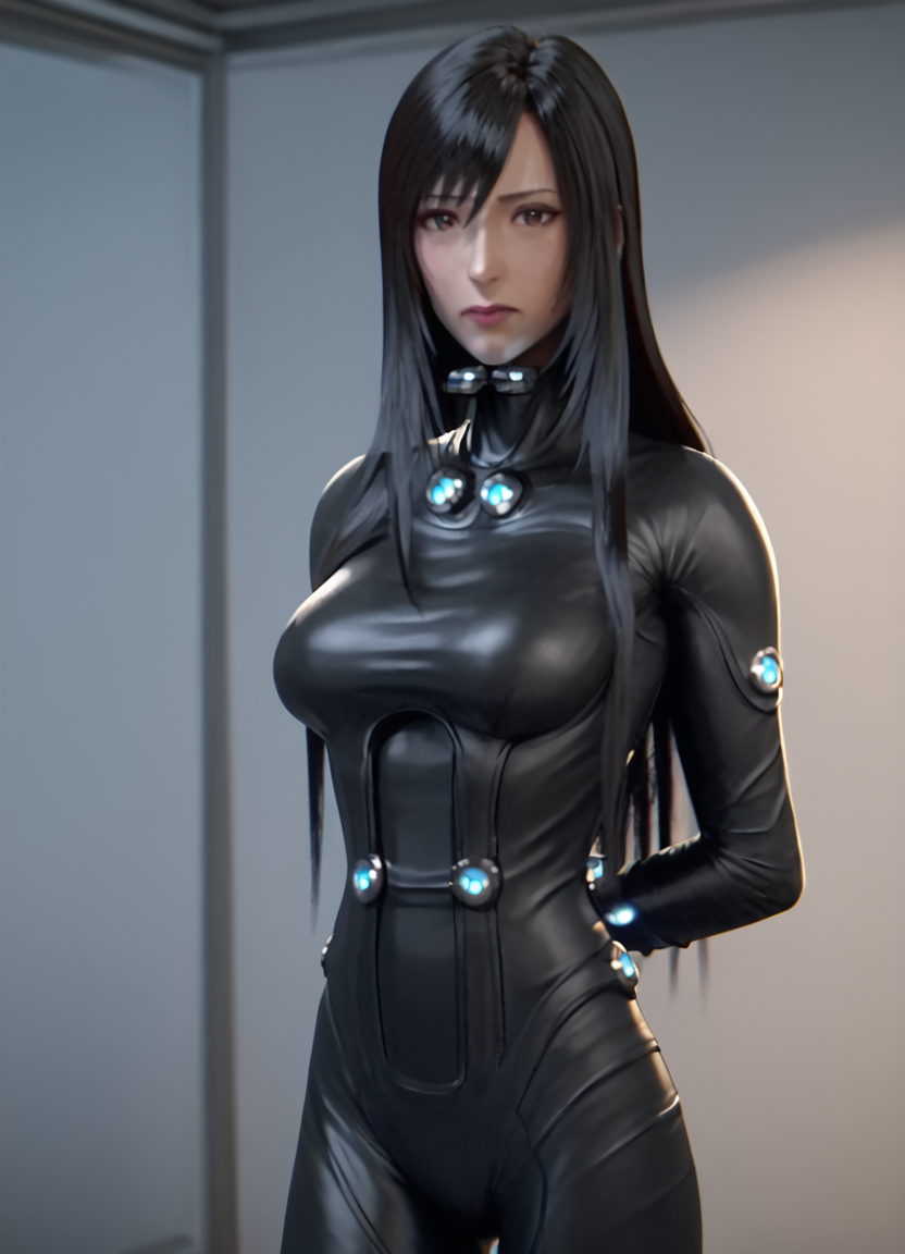<lora:ReikaPony1.0:1> reika shimohira, 1girl,  long hair, solo, black hair,gloves, science fiction,black bodysuit, neon trim,  breasts, score_9, score_8_up, score_7_up, score_6_up, score_5_up, score_4_up,cowboy shot, indoors, looking at viewer,  simple background,arms behind back,