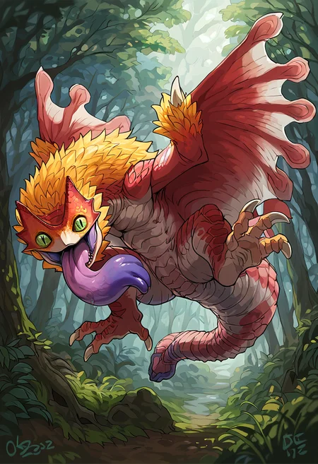 <lora:MH_PukeiPukei_a1_10_PonyXL_spnckpt1_th-1.4>,<lora:TOTO_Inaxtoto__bebebebe_Style_Lora:0.7>,<lora:BG2_dpep4+silicon29dim64:1>,<lora:XDetail_light:1.2>,rating_safe,score_9,score_8_up,score_7_up,pukeipukei,feral,solo,hi res,detailed background,forest,
green eyes,(slit pupils:0.7),tongue out,long tongue,low-angle view,forked tongue,winged arms,(raised tail),detailed eyes,red body,blonde hair,flying,blue tongue,saliva,