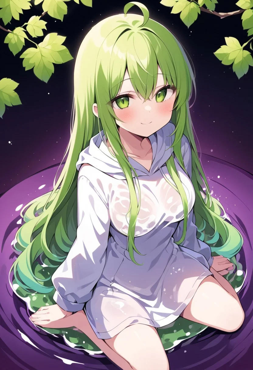 (masterpiece), (score_9, score_8_up, score_7_up,source_anime), 4K8K, best quality, high res image, illustration, Uncorrected, CG,
(girl view from above. look-doen angle:1.3), from behind, peeping Cleavage,
1 woman sitting on a giant white grape slime, pretty white slime, (lot of white grape cubes around woman), (hair over breasts, long hair, hair censor:1.4), twinkle grape cube,
slime, slime like a white grape, white grape slime, see-through slime,
BREAK
medium breasts,
(gradient hair, green hair, very long hair, Bangs covered eyes, ahoge, hair over breasts, hair censor),
(hair blind eyes, half opened eyes, jitome, smile),
wearing hooded robe, linen dress, culottes, denim short culottes,
in orchard, fruit orchard, fruits trees,