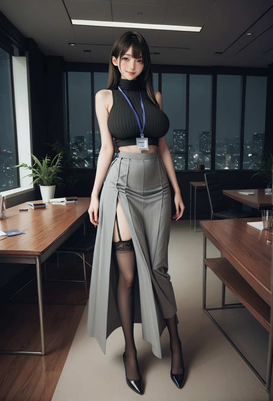 ,ruanyi0925,indoors,window,conference room,
night,full body,,ruanyi0897,black thighhighs,garter straps,turtleneck,id card,lanyard,grey skirt,crop top,black sleeveless sweater,long skirt,<lora:0925 conference room_v1_pony:0.8>,<lora:0897 Home wear 3_v1_pony:0.7>, score_9, score_8_up, score_7_up, score_6_up, score_9, score_8_up, score_7_up, score_6_up source_anime, blush, 1girl, seduce smile, perfect body , natural huge breasts