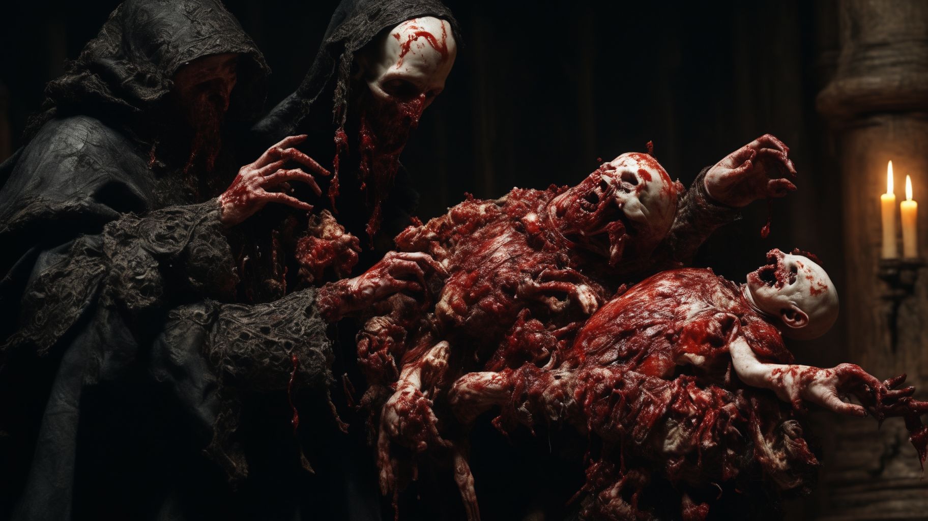 Ultra-realistic 8k CG, masterpiece, best quality, polecat wear inquisitor robe and bite off bloody chicken head in a medieval Cathedral, pr3y style, look to viewer, still life, high detailed, beautiful intricately and detailed, DOF,   <lora:add-detail-xl:1>  <lora:NicolaSamori:0.7> <lora:Inquisition_v2:1> <lora:bloodyface:0.2>