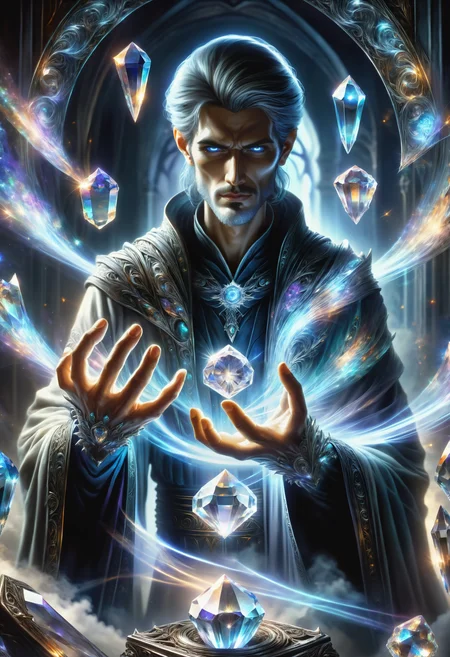 hyper detailed masterpiece, dynamic, awesome quality, a male necromancer summoning ethereal crystal DonMM4g1cXL magic, <lora:DonMM4g1cXL_v1.2:1>, Perfect Hands, <lora:Perfect Hands:1>
