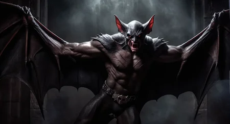 Dark Fantasy Art of  <lora:cinematic vampire film style:1>
a bodybuilding vampire bat demon with a large bat wings and bat hands looking scary and creepy cinematic vampire film style, dark, moody, dark fantasy style