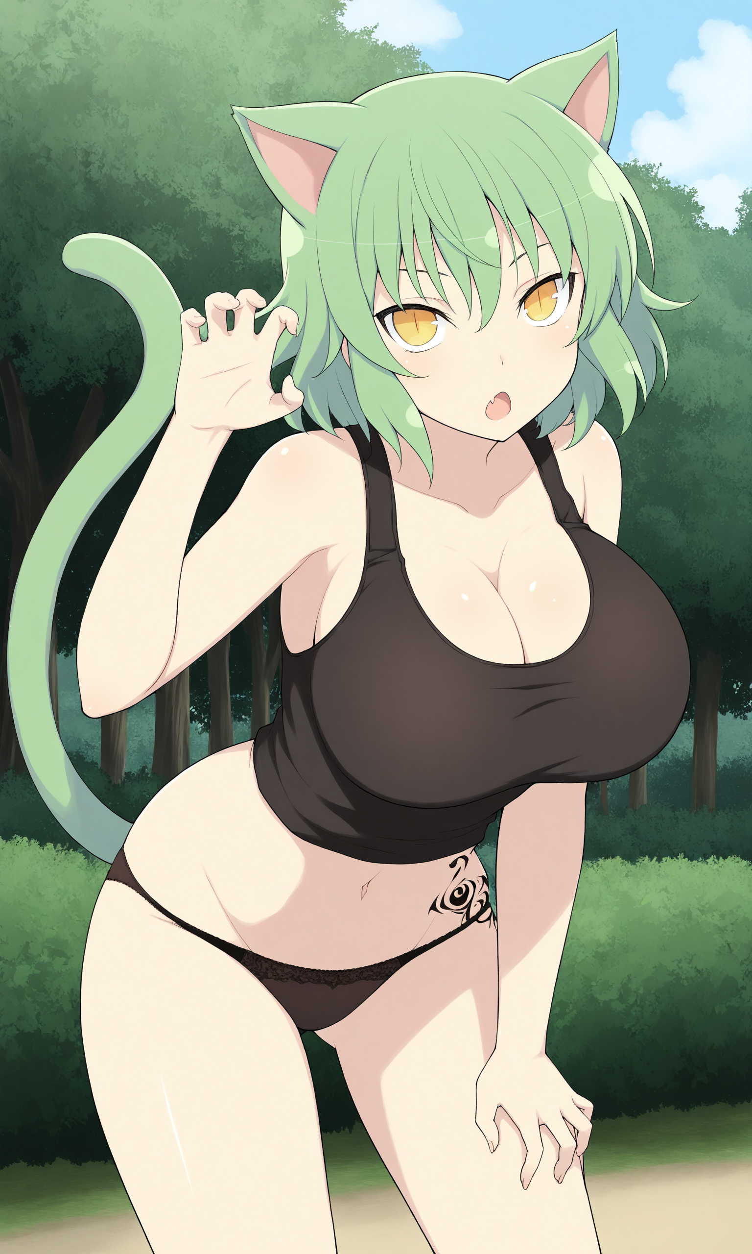 masterpiece, best quality, high resolution, absurdres, 1girl, hikagsen, yellow_eyes, slit_pupils, green_hair, short_hair, large_breasts, cat_ears, cat_tail, looking_at_viewer, claw_pose, open_mouth, :o, outdoors, day, leaning_forward, tank_top, navel, lowleg_panties, black_panties, skin_fang, stomach_tattoo