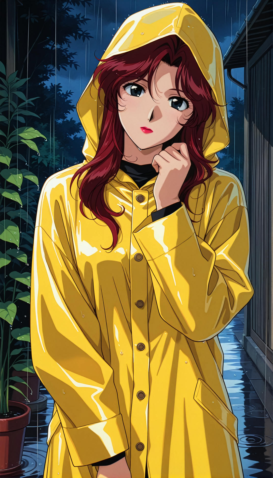 masterpiece,best quality,amazing quality,1990s \(style\),AoiFutaba tm,1girl,solo,lipstick,black eyes,Wine red hair,long hair,raincoat,yellow raincoat,hood,looking at viewer,outdoors,hood up,long sleeves,hand up,plant,shirt,yellow coat,head tilt,night,rain,<lora:AoiFutaba ill:0.9>,