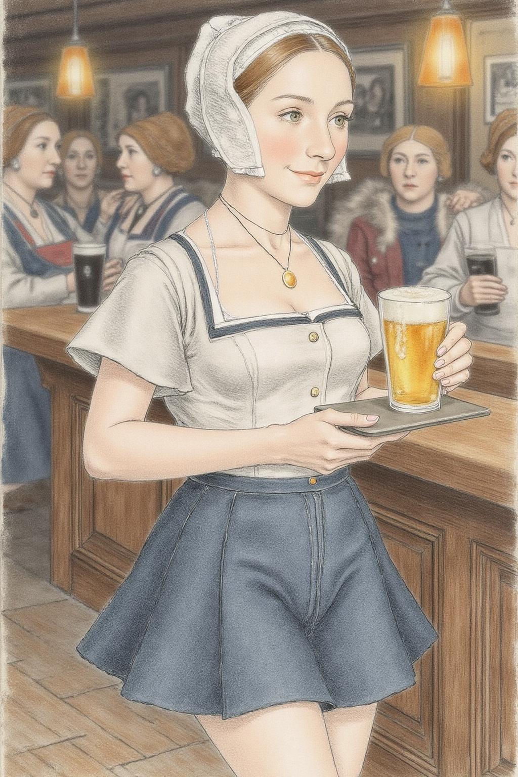 hansho1 monochromatic pencil drawing,
The air buzzes with the energy of a busy midieval tavern, a mix of music, conversation, and the clinking of glasses. A barmaid, the embodiment of youthful vibrancy, navigates the lively scene. She wears an open collar dress, the soft fabric contrasting with the smooth, cold glass of beer she carries on a small tablet. Her skirt adds a playful touch, and a bonnet hints at a carefree attitude. The setting and atmosphere are palpable: the warm, slightly sticky surface of the bar counter under her fingertips, the dim, colourful lighting that casts playful shadows. Sensory details are abundant: the condensation forming on the glass of coke, the texture of her denim skirt, and the way the bar lights catch the highlights in her hair. Her confident stride, her quick smile, and her efficient movements.  <lora:hansho2_nocap_d6a3e12:1.0><lora:817323098366913708:0>