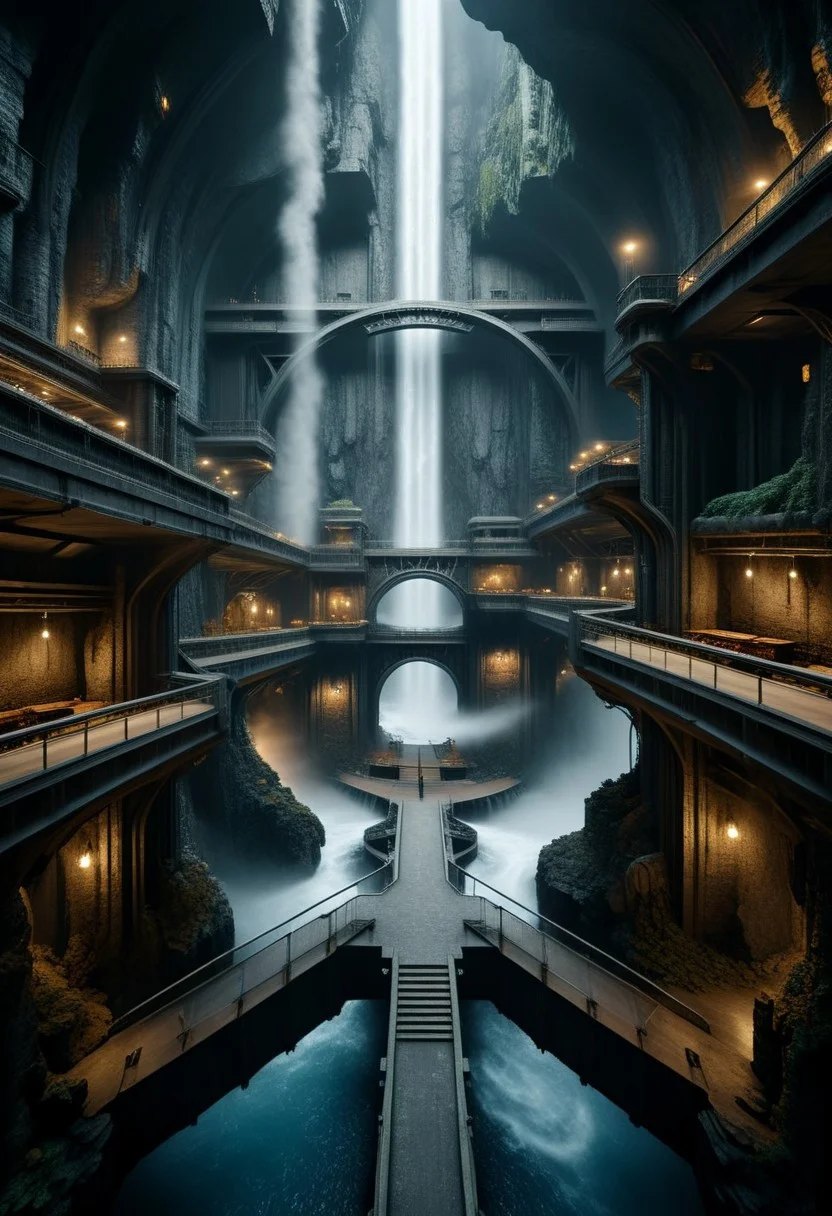 island inside a huge dark cave, darkness, sprawling underground gothic secret villain lair, reclaimed brutalism, stone buildings, wires and computer machines, catwalks, bridges, smoke, steam, steam_swirls, bridges, waterfall, lifts, (masterpiece:1.2), best quality, (hyperdetailed, highest detailed:1.2), high resolution textures, dimly lit, very detailed, atmospheric haze