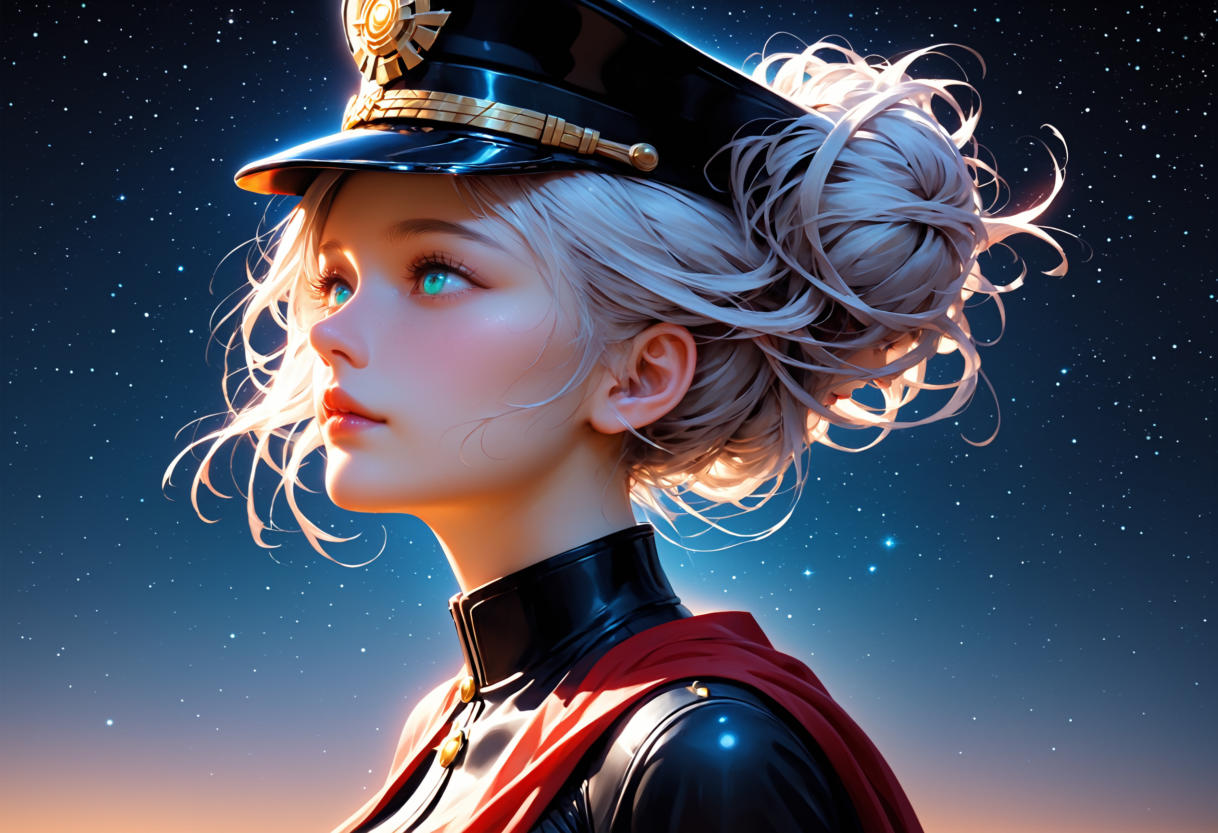ASCII, photorealistic, OLED, score_9, score_8_up, score_7_up, score_6_up, 1girl, extremely detailed photo of a beautiful woman, nordish woman, 25 yo, round face, cheekbones, wide chin, wide lower jaw, small_nose, small eyebrows, small eyes, turquoise eyes, white hair, strands of hair falling over the face, hair tied into a bun at the back, black military cap, black tight-fitting military jacket with gold buttons, black leggings, red cape with gold fringed shoulder pads, in the galaxy, in front of a planet and the cosmos, side view, slying in the galaxy, raise her arms, dark blue sky, <lora:Expressive_H:0.5> ExpressiveH,<lora:Sinozick_Style_XL_Pony:0.2>, sinozick style, everything is shrouded in white mist, starsky background by jed-cosmos style, dark blue star sky by night, giant grey planet in background behind woman <lora:Jed-Cosmos-sdxl:0.4> Jed-Cosmos, full body